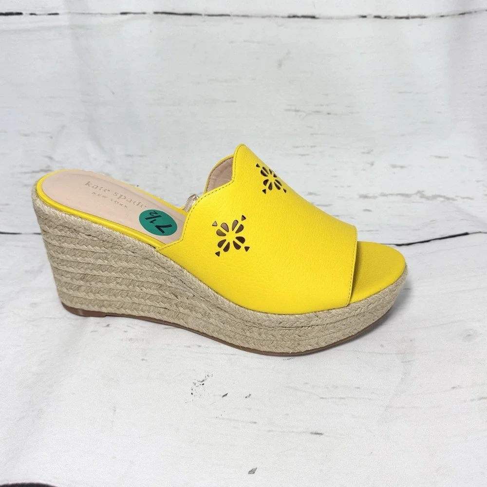 Kate Spade Shoes Women's 7.5 Yellow Wedge Espadrille Sandals Leather Platform